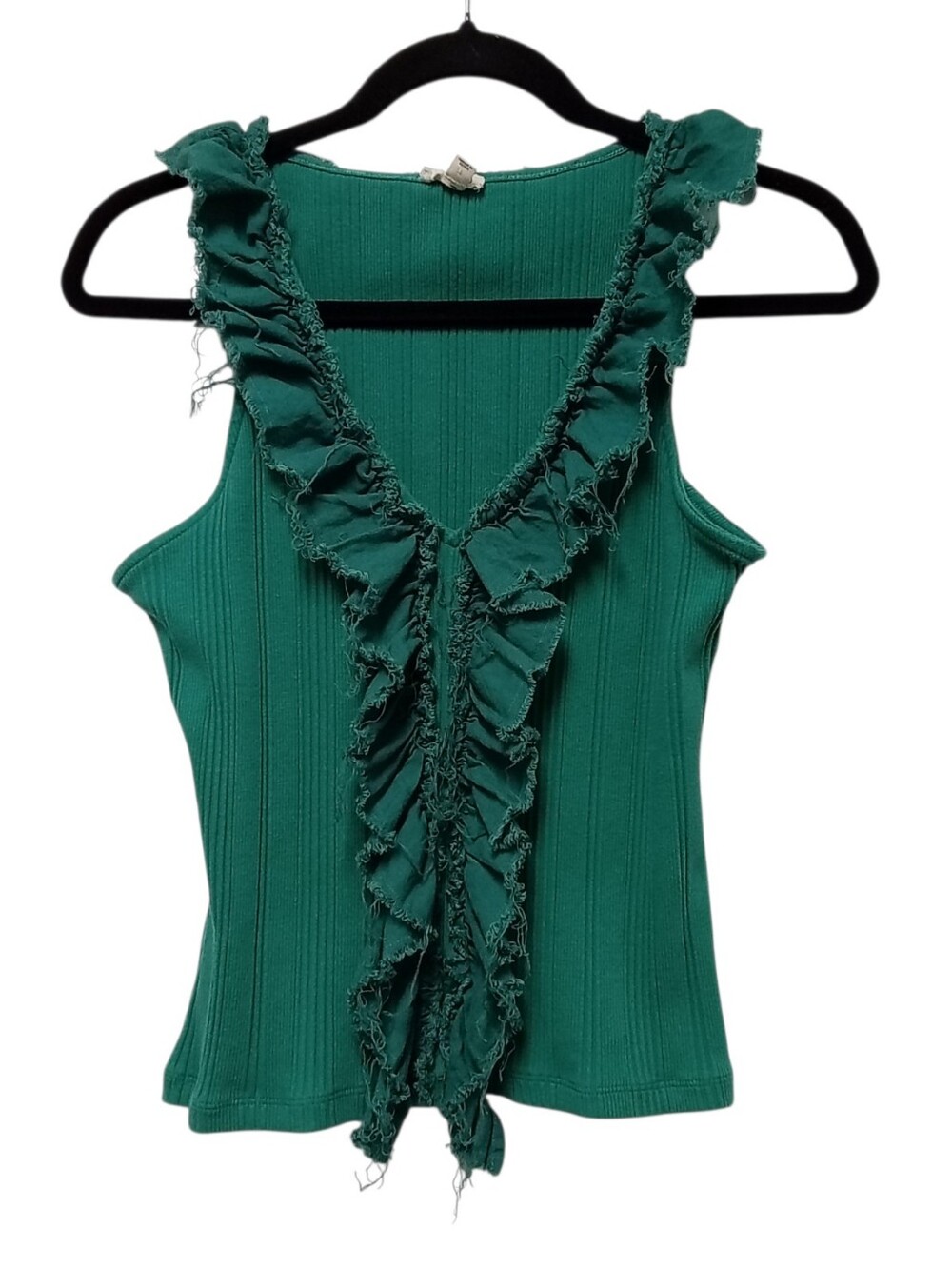 Pilcro Anthropologie Emerald Green Frayed Ruffle Sleeveless Top Ribbed-Size M